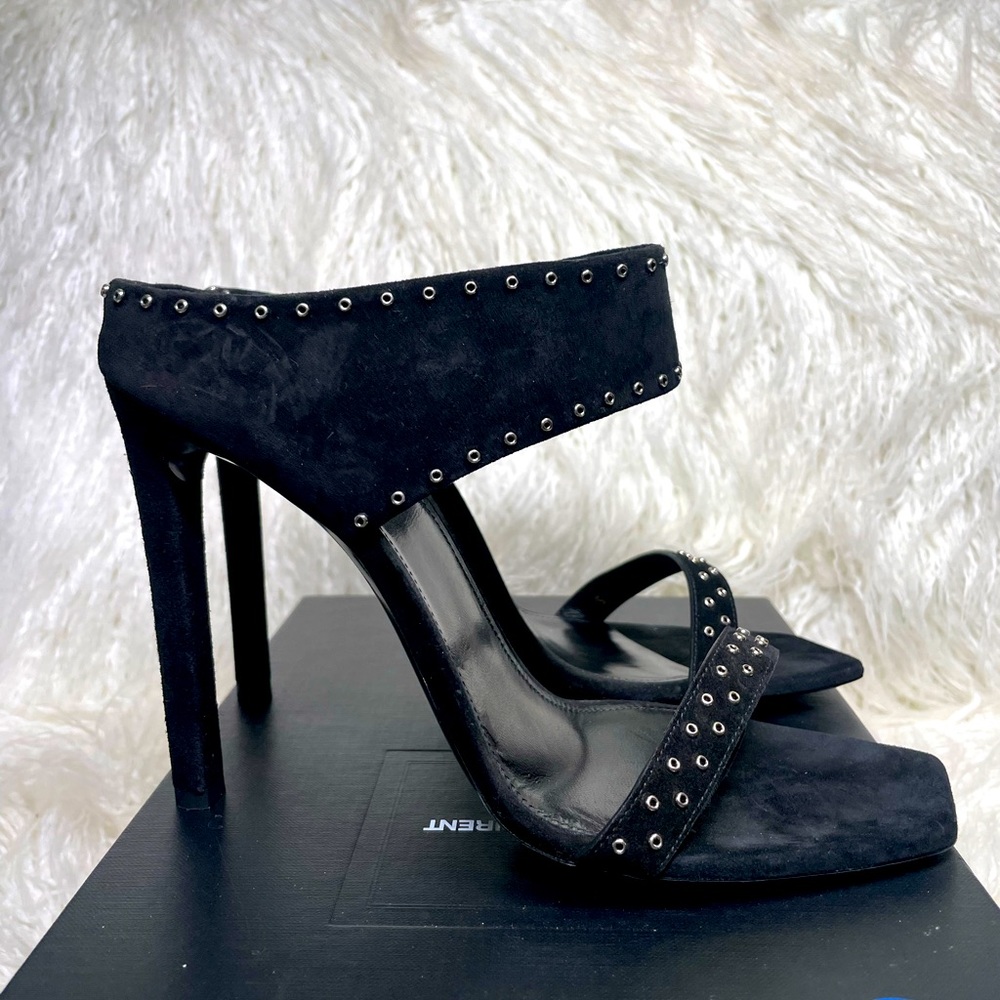 Saint Laurent Mica Black Suede Studded Mule Sandals Pumps sz 41